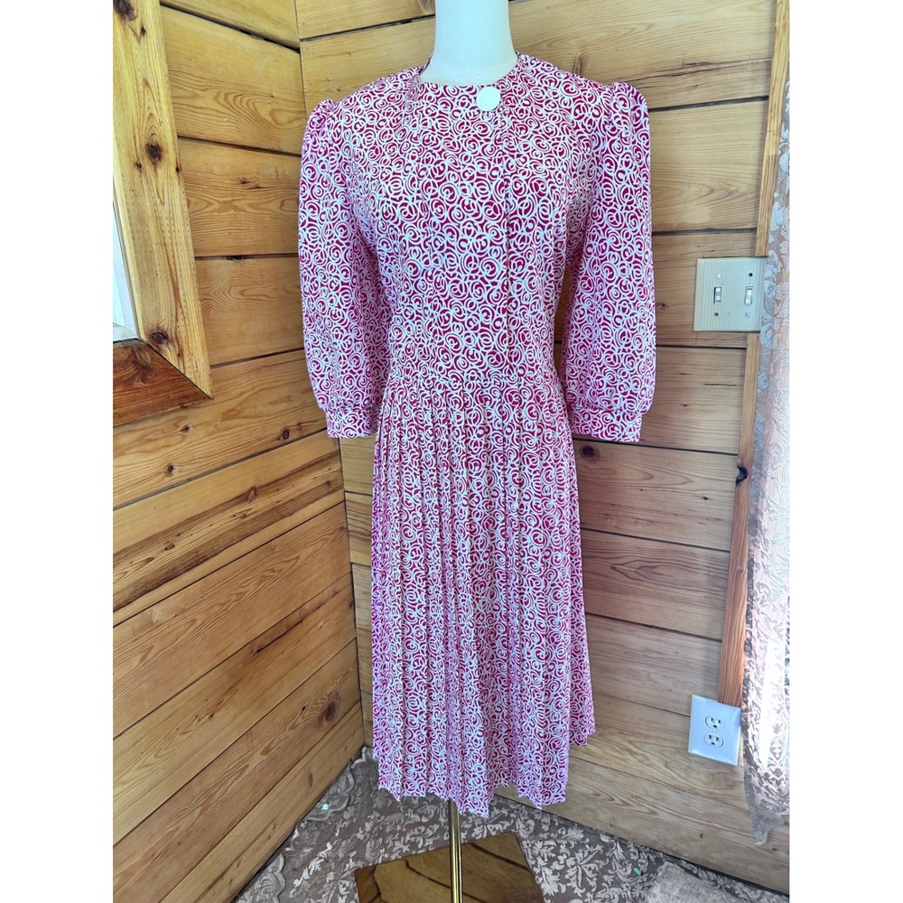 Vintage Secretary Dress Womens Large Magenta Pink Abstract Pleated Leslie Belle